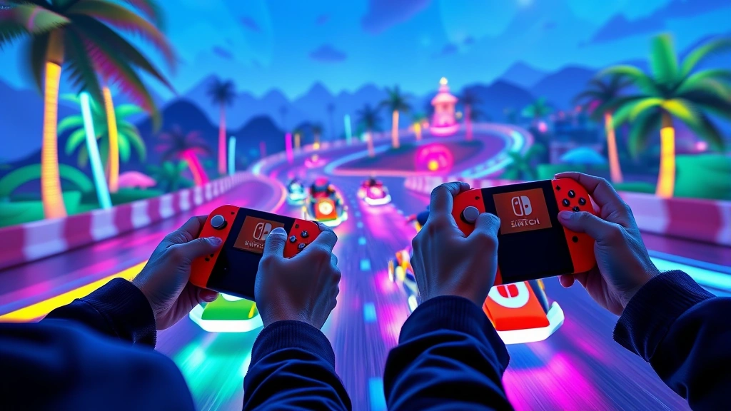 Two players holding Nintendo Switch controllers intensely focused on colorful race track with kart characters drifting around neon-lit curves, vibrant tropical island setting with dynamic lighting effects