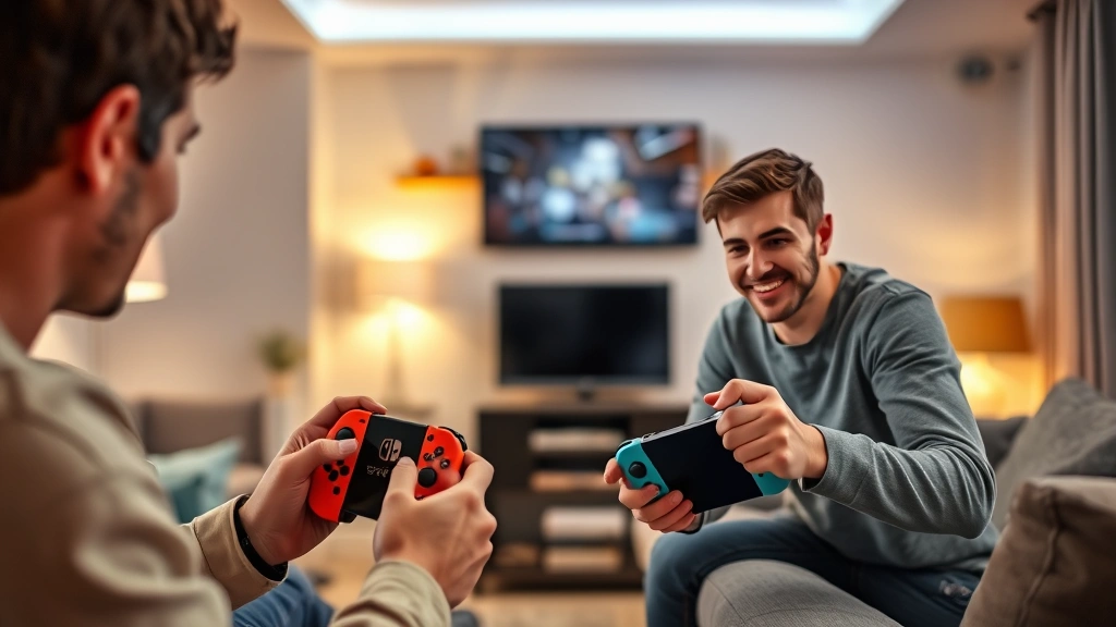 Split-screen view of two gamers in casual setting playing together on Switch, controllers in hands, competitive focused expressions, cozy living room with soft ambient lighting and gaming setup