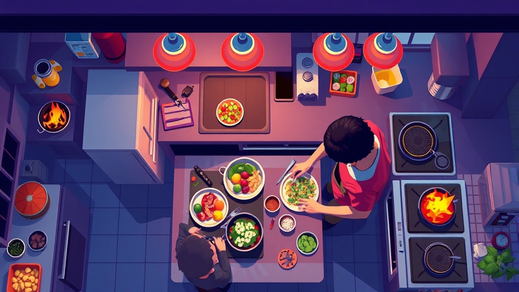 Overhead shot of two friends collaborating at cooking station in vibrant pixel art kitchen environment, teamwork moment with ingredient preparation and plating, warm ambient glow from stove fires and kitchen equipment