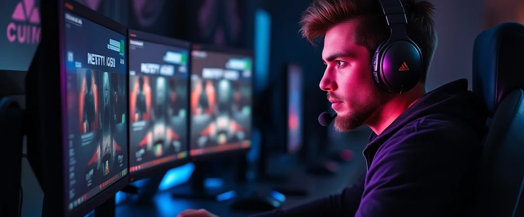 Professional gamer at high-end PC setup with multiple monitors, dramatic lighting, intense focused expression, competitive gaming environment