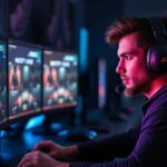 Professional gamer at high-end PC setup with multiple monitors, dramatic lighting, intense focused expression, competitive gaming environment