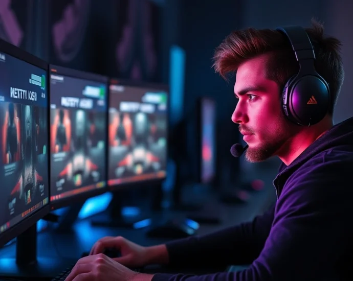 Professional gamer at high-end PC setup with multiple monitors, dramatic lighting, intense focused expression, competitive gaming environment