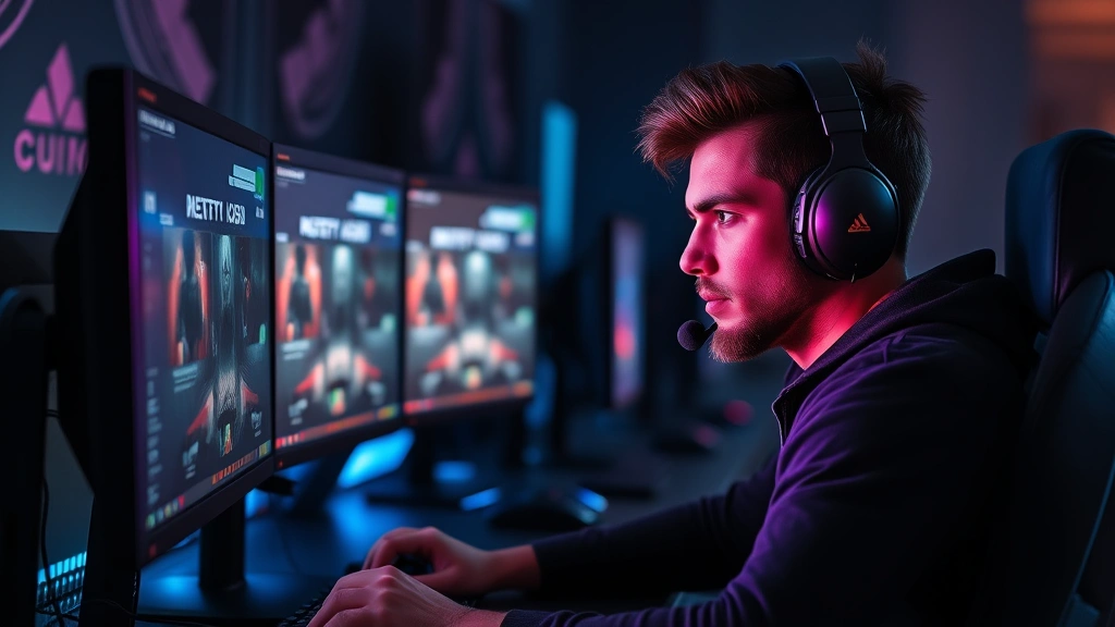 Professional gamer at high-end PC setup with multiple monitors, dramatic lighting, intense focused expression, competitive gaming environment