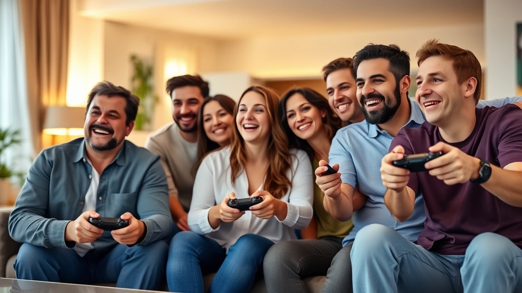 Diverse group of adult friends gaming together in modern living room, controller in hands, laughing and engaged, warm ambient lighting