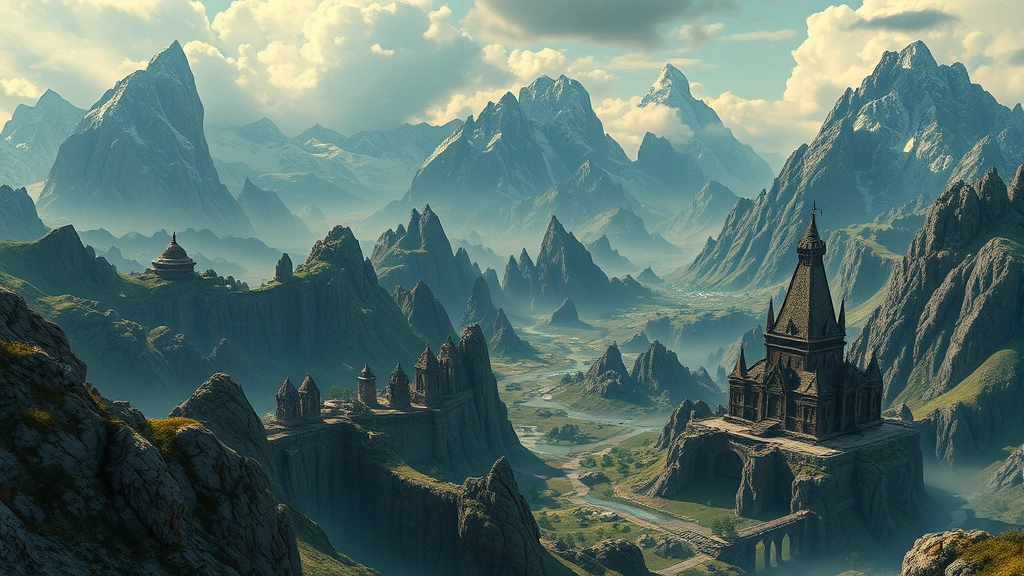 Epic fantasy game world landscape with intricate details, sweeping vista of mountains and magical structures, photorealistic fantasy environment