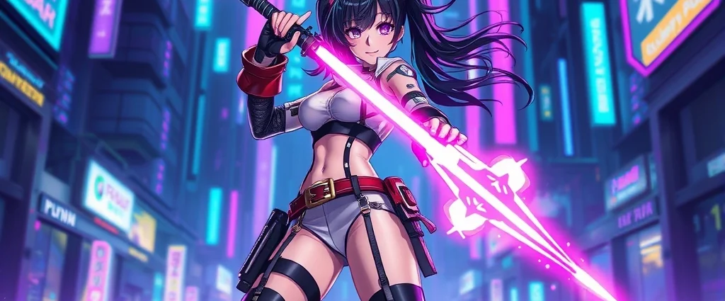 Epic anime-style female character in futuristic cyberpunk outfit wielding glowing energy weapon, standing in neon-lit urban environment, dynamic action pose, vibrant purple and blue lighting, high-quality digital art style
