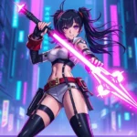 Epic anime-style female character in futuristic cyberpunk outfit wielding glowing energy weapon, standing in neon-lit urban environment, dynamic action pose, vibrant purple and blue lighting, high-quality digital art style