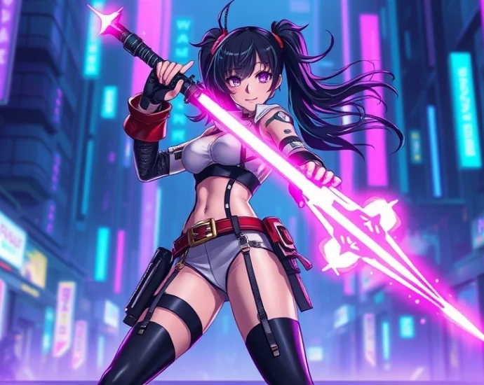 Epic anime-style female character in futuristic cyberpunk outfit wielding glowing energy weapon, standing in neon-lit urban environment, dynamic action pose, vibrant purple and blue lighting, high-quality digital art style
