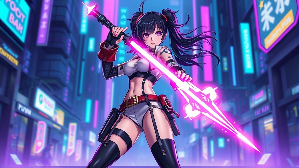 Epic anime-style female character in futuristic cyberpunk outfit wielding glowing energy weapon, standing in neon-lit urban environment, dynamic action pose, vibrant purple and blue lighting, high-quality digital art style