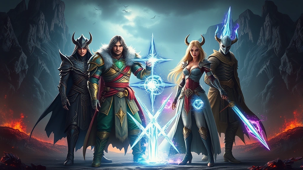 Diverse fantasy RPG party of four characters standing together in dramatic formation, featuring magical elements and elemental effects around them, cinematic lighting, fantasy-inspired armor and clothing, epic fantasy landscape background