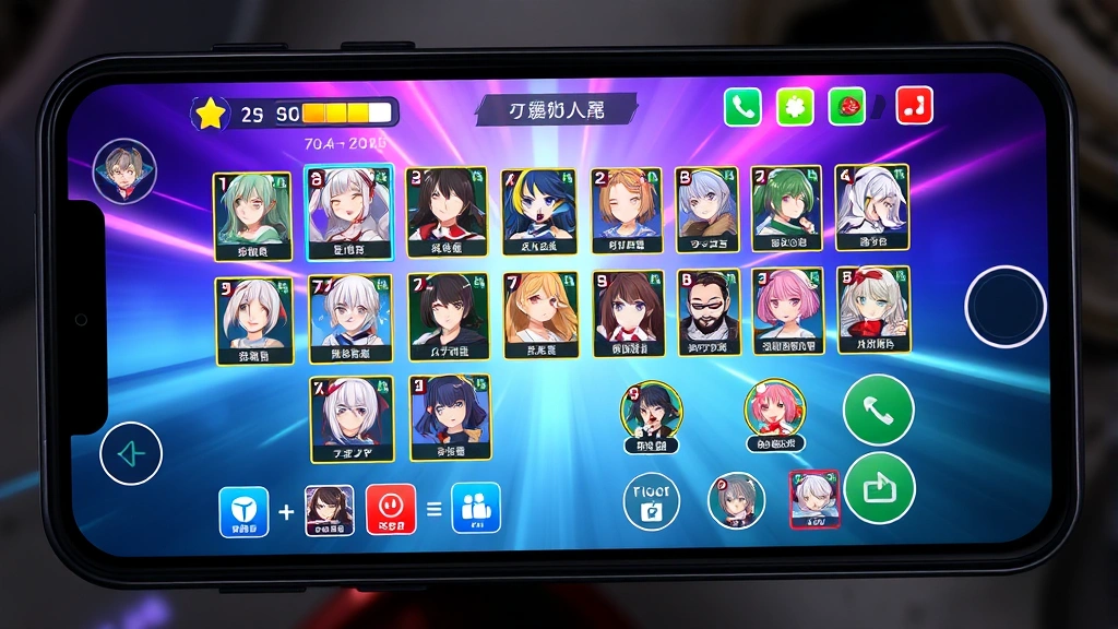 Colorful mobile gaming interface showing character roster and team composition screen, various anime-style characters displayed, bright UI elements, gaming aesthetic, no readable text or game menus visible