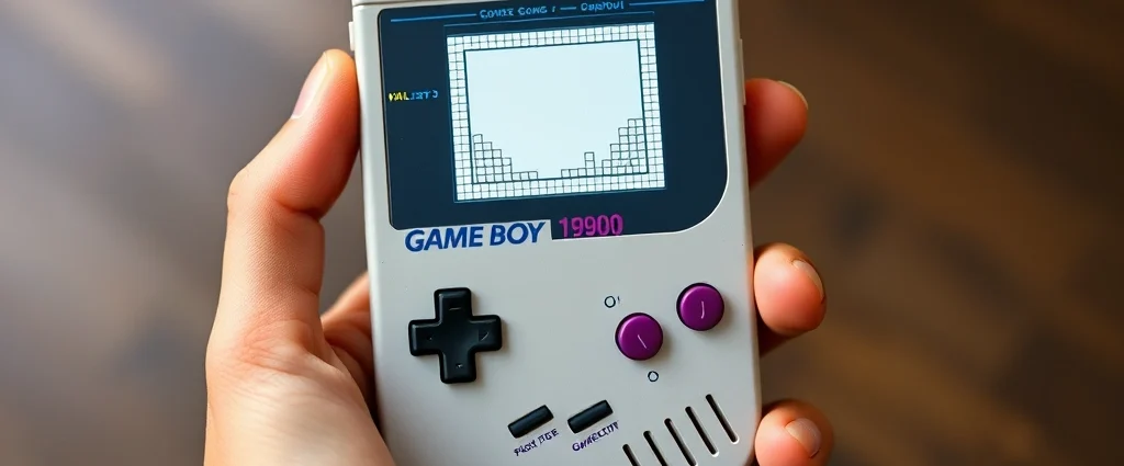 Vintage Game Boy handheld console from the 1990s with monochrome screen showing Tetris gameplay, held in hands, nostalgic gaming aesthetic, natural lighting, detailed hardware