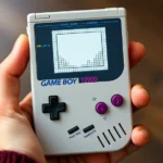 Vintage Game Boy handheld console from the 1990s with monochrome screen showing Tetris gameplay, held in hands, nostalgic gaming aesthetic, natural lighting, detailed hardware