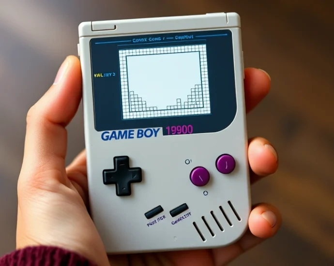 Vintage Game Boy handheld console from the 1990s with monochrome screen showing Tetris gameplay, held in hands, nostalgic gaming aesthetic, natural lighting, detailed hardware