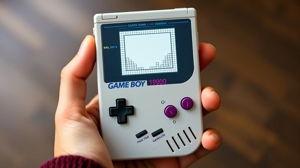 Vintage Game Boy handheld console from the 1990s with monochrome screen showing Tetris gameplay, held in hands, nostalgic gaming aesthetic, natural lighting, detailed hardware