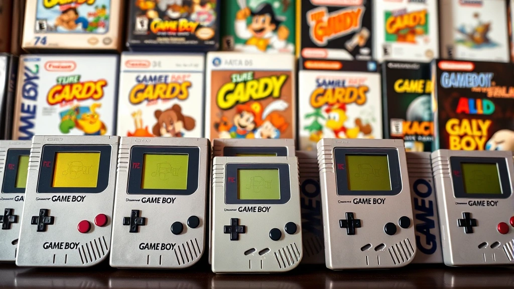 Multiple classic Game Boy cartridges arranged artfully with iconic game boxes in background, colorful labels visible, gaming collection photography, warm natural lighting
