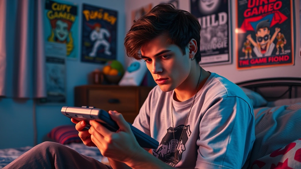 Gamer playing original Game Boy handheld device in retro bedroom setting, 1990s aesthetic, focused expression, comfortable gaming position, nostalgic atmosphere with posters