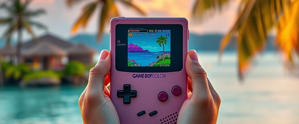 Vibrant Game Boy Color handheld device held in hands displaying colorful game screen, nostalgic retro gaming aesthetic, tropical island scenery background, warm lighting