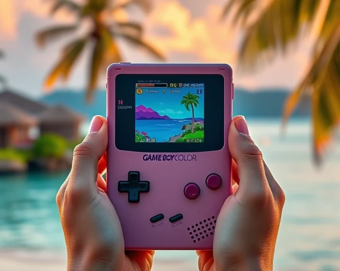 Vibrant Game Boy Color handheld device held in hands displaying colorful game screen, nostalgic retro gaming aesthetic, tropical island scenery background, warm lighting