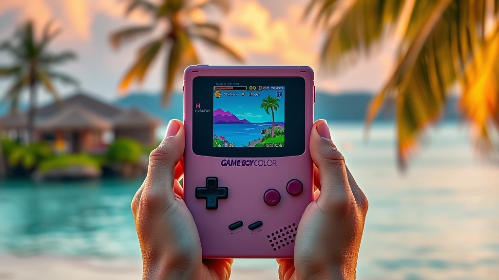 Vibrant Game Boy Color handheld device held in hands displaying colorful game screen, nostalgic retro gaming aesthetic, tropical island scenery background, warm lighting