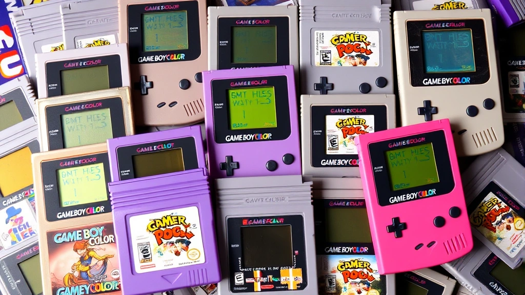 Multiple classic Game Boy Color cartridges arranged artfully showing colorful labels and game titles, collector's display, soft studio lighting highlighting cartridge colors