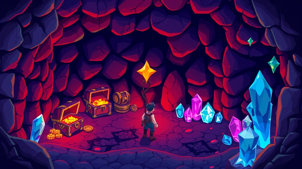 Player character exploring colorful pixel art dungeon environment with glowing treasure chests and mystical crystals, fantasy adventure scene, warm atmospheric lighting