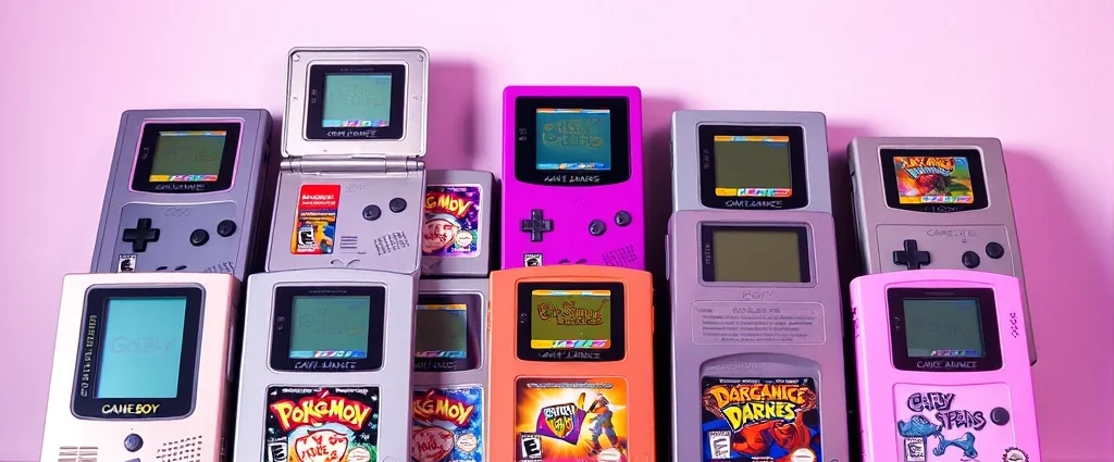 A collection of classic Game Boy Advance game cartridges displayed in vibrant lighting, showing iconic games with colorful labels against a neutral background, photorealistic gaming hardware showcase