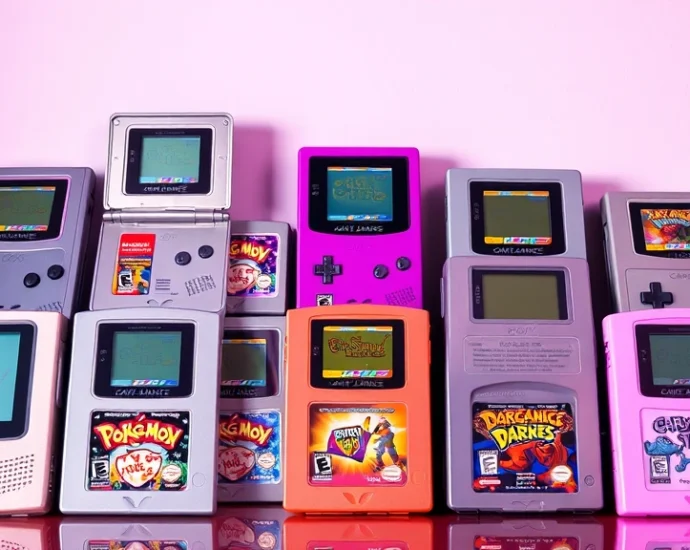 A collection of classic Game Boy Advance game cartridges displayed in vibrant lighting, showing iconic games with colorful labels against a neutral background, photorealistic gaming hardware showcase