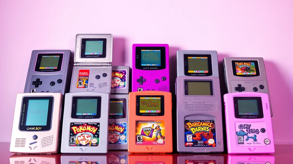 A collection of classic Game Boy Advance game cartridges displayed in vibrant lighting, showing iconic games with colorful labels against a neutral background, photorealistic gaming hardware showcase