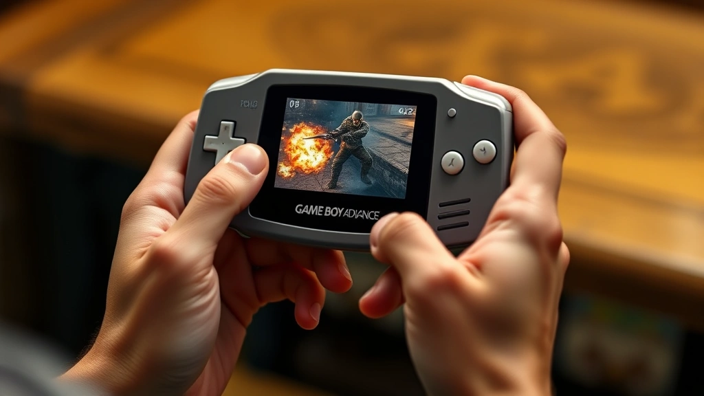 A player holding a Game Boy Advance with an intense action scene displayed on screen, hands positioned naturally showing the device being held during gameplay, photorealistic handheld gaming moment