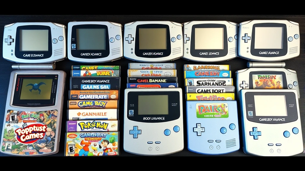 A retro gaming setup featuring multiple Game Boy Advance units with different game cartridges arranged artistically, showing the diversity of GBA game library, photorealistic collection display