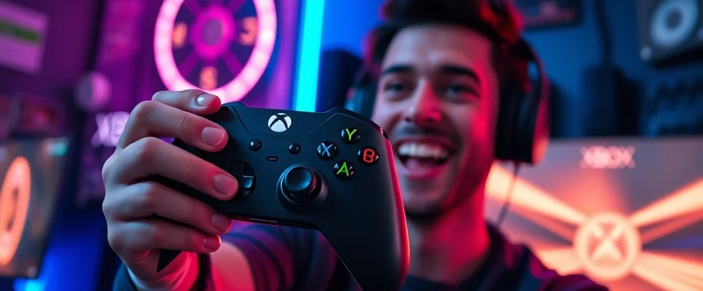 A professional gamer holding an original Xbox controller in a gaming setup with neon RGB lighting, showing excitement and nostalgia on their face, cinematic lighting
