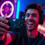 A professional gamer holding an original Xbox controller in a gaming setup with neon RGB lighting, showing excitement and nostalgia on their face, cinematic lighting