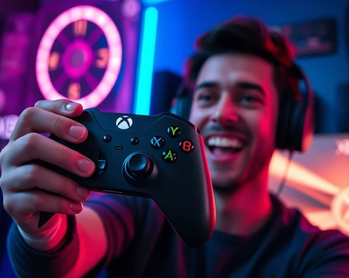 A professional gamer holding an original Xbox controller in a gaming setup with neon RGB lighting, showing excitement and nostalgia on their face, cinematic lighting