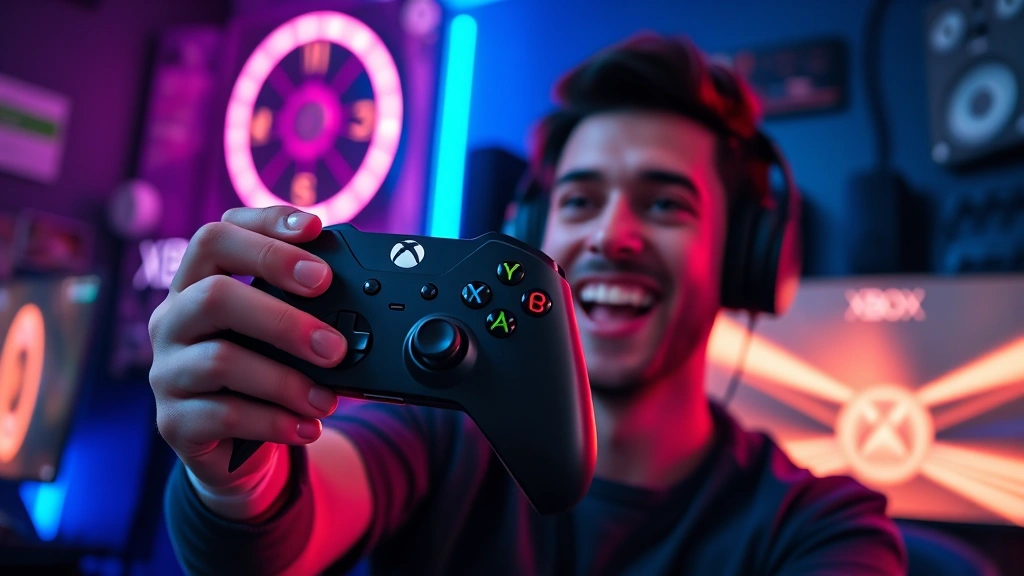 A professional gamer holding an original Xbox controller in a gaming setup with neon RGB lighting, showing excitement and nostalgia on their face, cinematic lighting