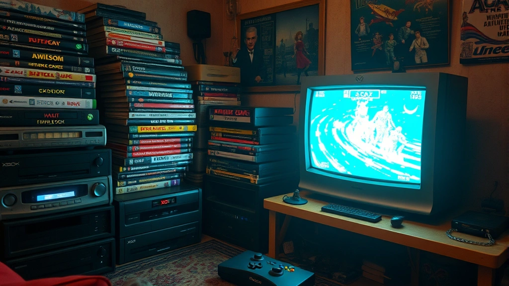 A vintage gaming room with original Xbox consoles, stacked games, and retro CRT monitor displaying classic gameplay, warm nostalgic lighting with dust particles visible, cozy aesthetic