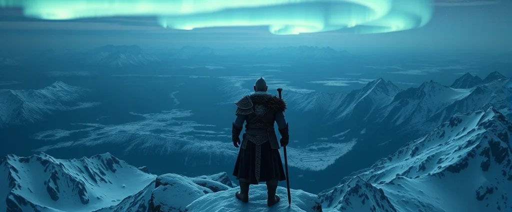 A warrior in Norse armor standing atop a snow-covered mountain overlooking a vast mythical landscape with northern lights dancing across the sky, photorealistic, cinematic lighting, no text or UI elements visible