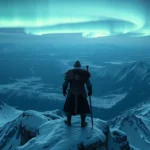 A warrior in Norse armor standing atop a snow-covered mountain overlooking a vast mythical landscape with northern lights dancing across the sky, photorealistic, cinematic lighting, no text or UI elements visible