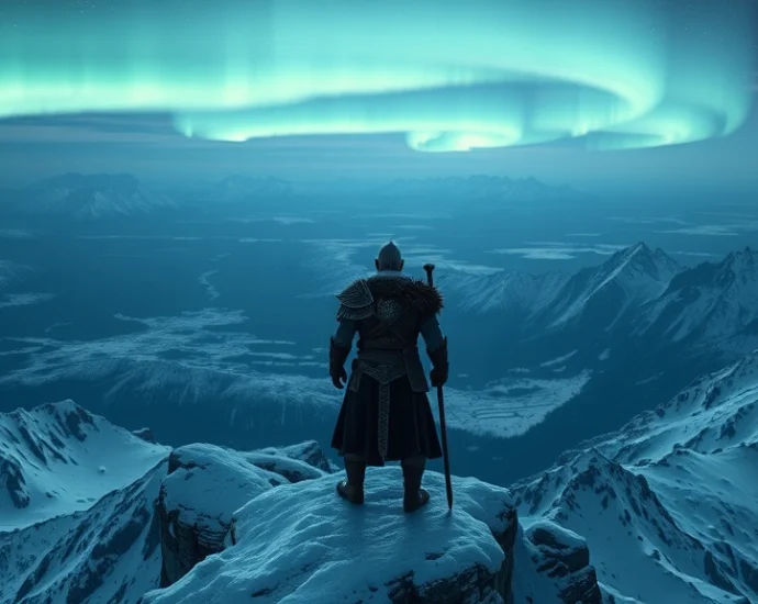 A warrior in Norse armor standing atop a snow-covered mountain overlooking a vast mythical landscape with northern lights dancing across the sky, photorealistic, cinematic lighting, no text or UI elements visible