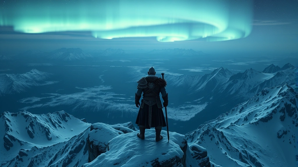 A warrior in Norse armor standing atop a snow-covered mountain overlooking a vast mythical landscape with northern lights dancing across the sky, photorealistic, cinematic lighting, no text or UI elements visible