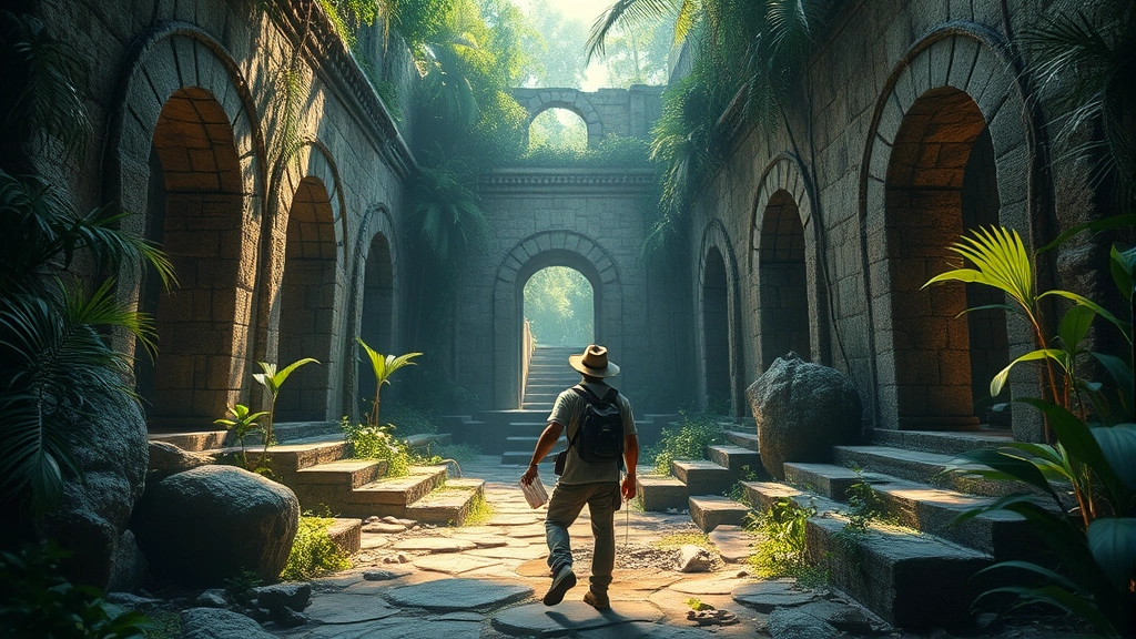 A seasoned treasure hunter exploring ancient ruins surrounded by tropical vegetation, sunlight streaming through stone archways, detailed environmental storytelling with artifacts scattered throughout, photorealistic, no visible game interface or menu elements
