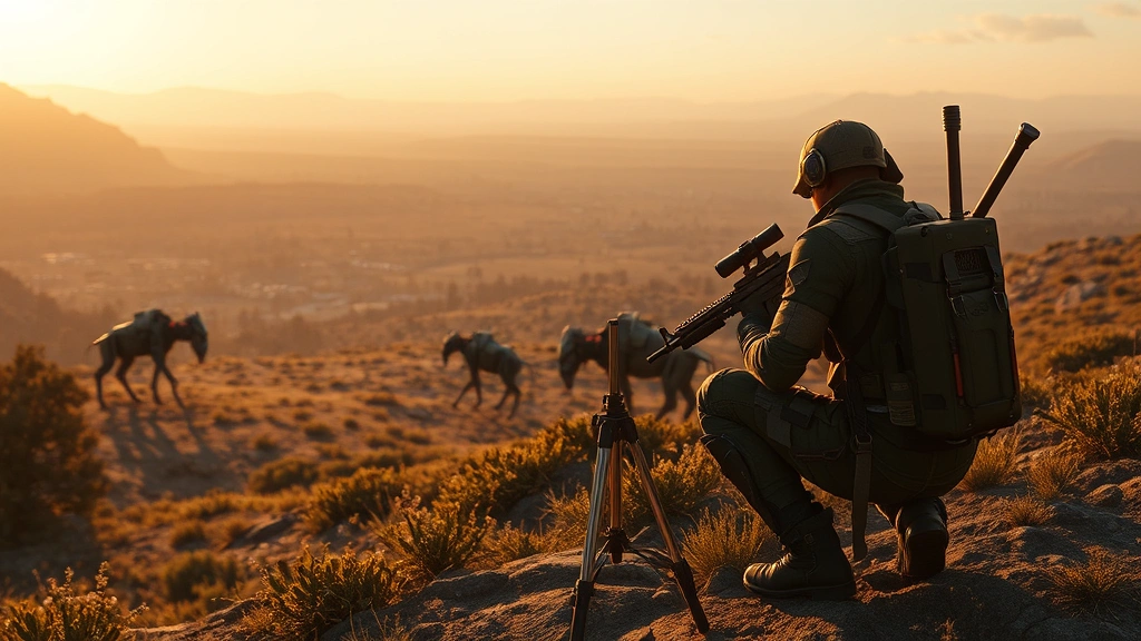 A skilled hunter crouching beside advanced technological equipment overlooking a vast post-apocalyptic landscape dotted with robotic creatures grazing like animals, golden hour lighting, lush nature reclaiming civilization, photorealistic style, no HUD or text overlays