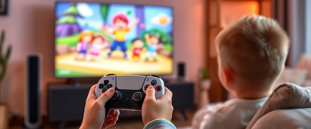 Colorful PS5 controller held by small child's hand, gaming on vibrant living room television with family-friendly game characters on screen, warm lighting, happy atmosphere