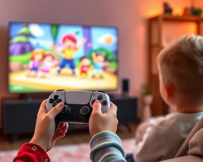 Colorful PS5 controller held by small child's hand, gaming on vibrant living room television with family-friendly game characters on screen, warm lighting, happy atmosphere