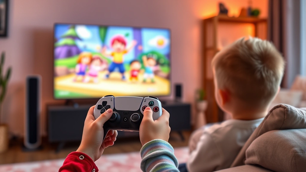 Colorful PS5 controller held by small child's hand, gaming on vibrant living room television with family-friendly game characters on screen, warm lighting, happy atmosphere