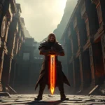 Fantasy warrior with glowing sword standing in ancient temple ruins, dramatic lighting, cinematic atmosphere, no UI elements