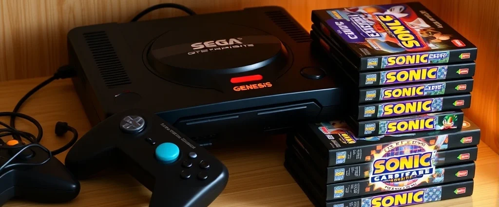 Professional photograph of a retro Sega Genesis console with controllers and a stack of classic Sonic game cartridges displayed on a wooden shelf with warm lighting
