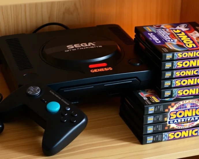 Professional photograph of a retro Sega Genesis console with controllers and a stack of classic Sonic game cartridges displayed on a wooden shelf with warm lighting