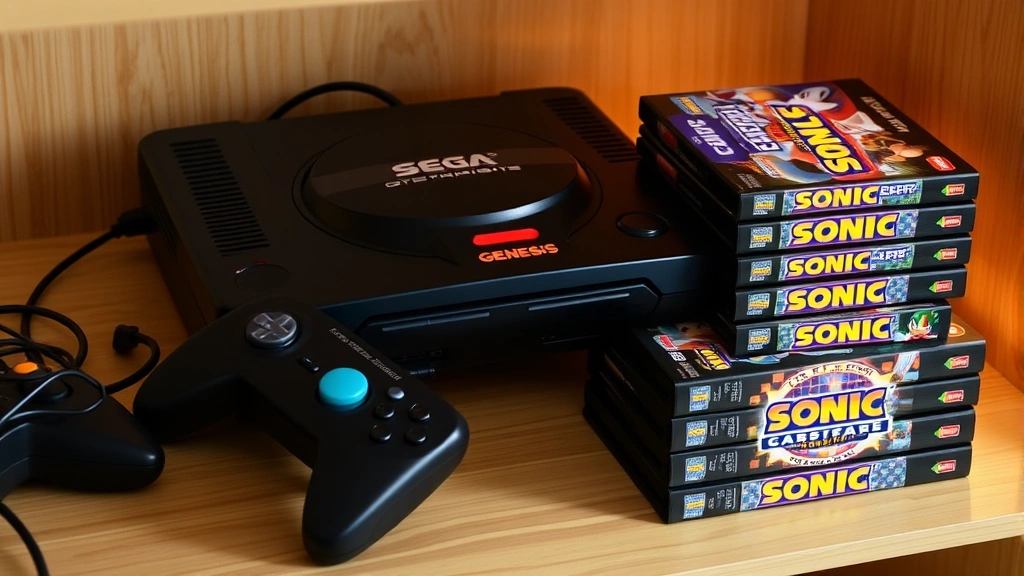 Professional photograph of a retro Sega Genesis console with controllers and a stack of classic Sonic game cartridges displayed on a wooden shelf with warm lighting
