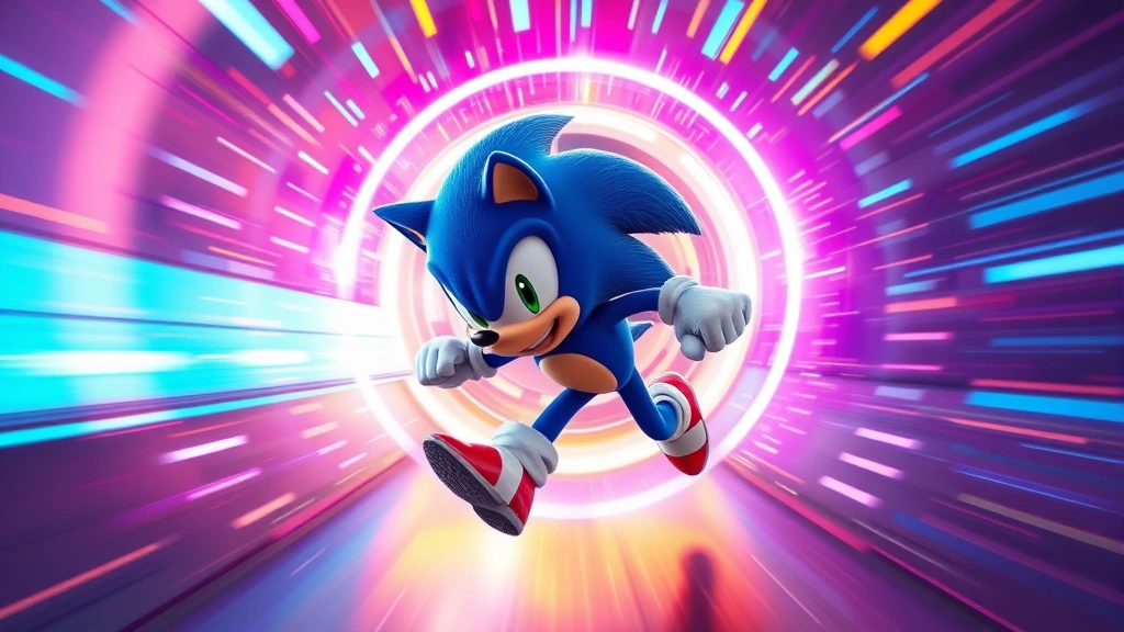 Dynamic action shot of a blue hedgehog character in high-speed motion through a vibrant neon-lit loop section with colorful particle effects and motion blur